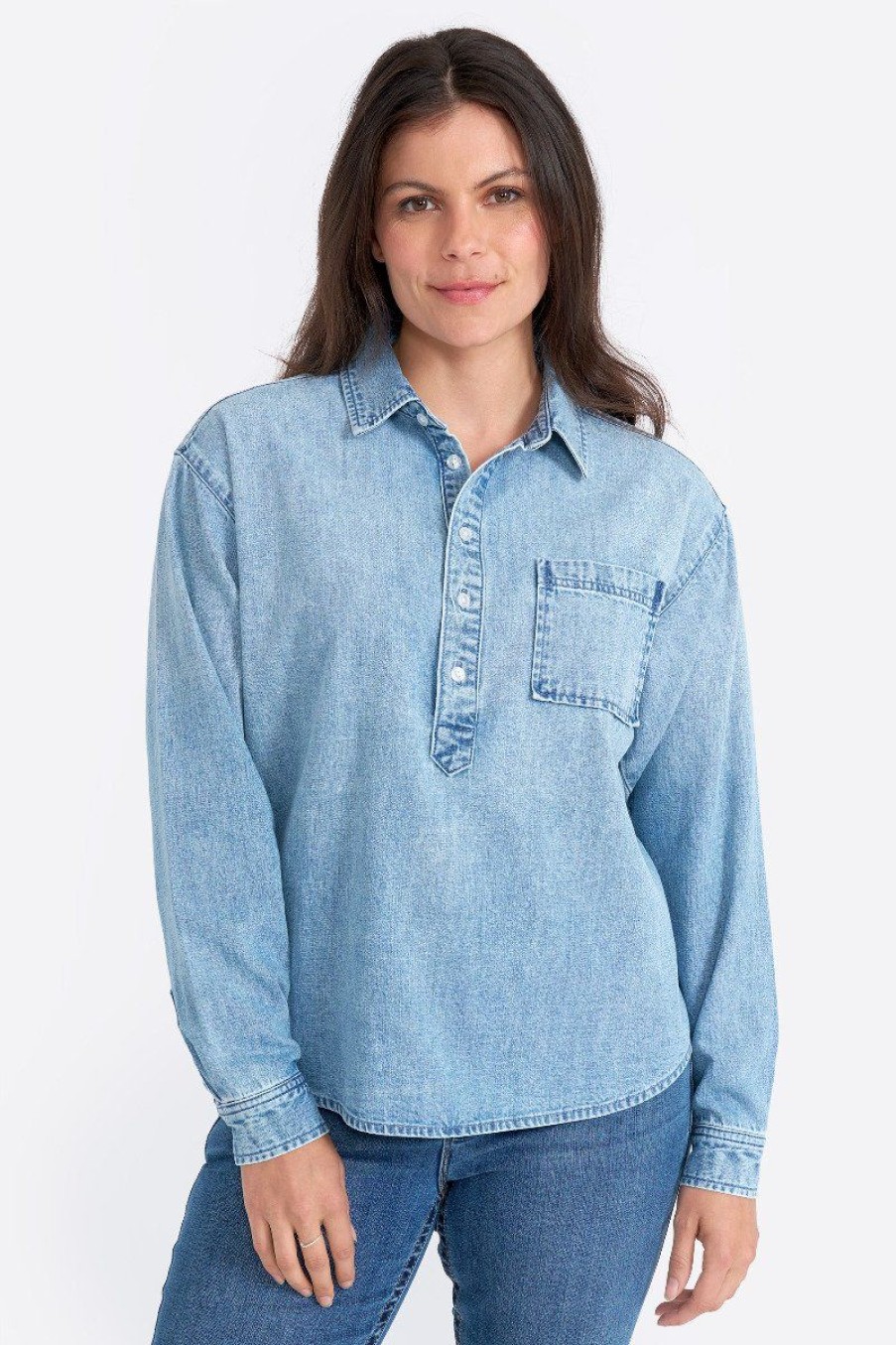 Women Seven7 Jeans Tops | Pullover Denim Henley Shirt Indigo