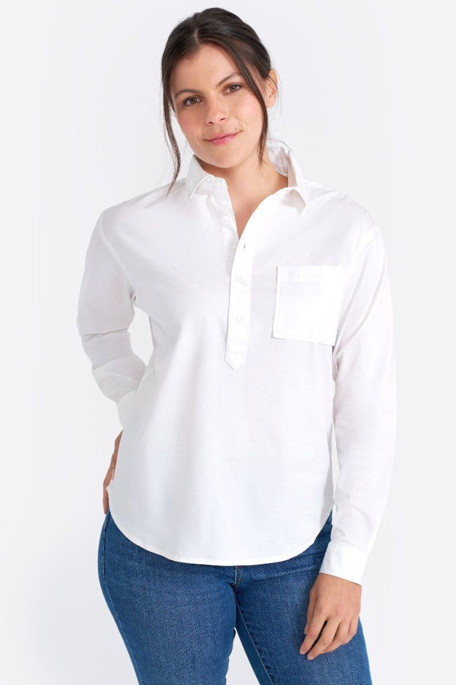 Women Seven7 Jeans Tops | Pullover Poplin Henley Shirt White