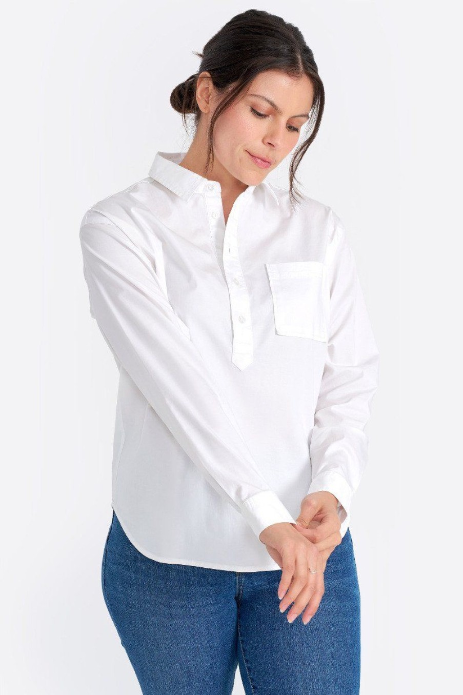 Women Seven7 Jeans Tops | Pullover Poplin Henley Shirt White